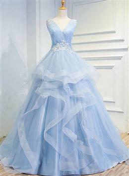 Picture of Pretty Blue Prom Dress V-neck Ball Gown Sweep Train Party Dresses, Sweet 16 Gown